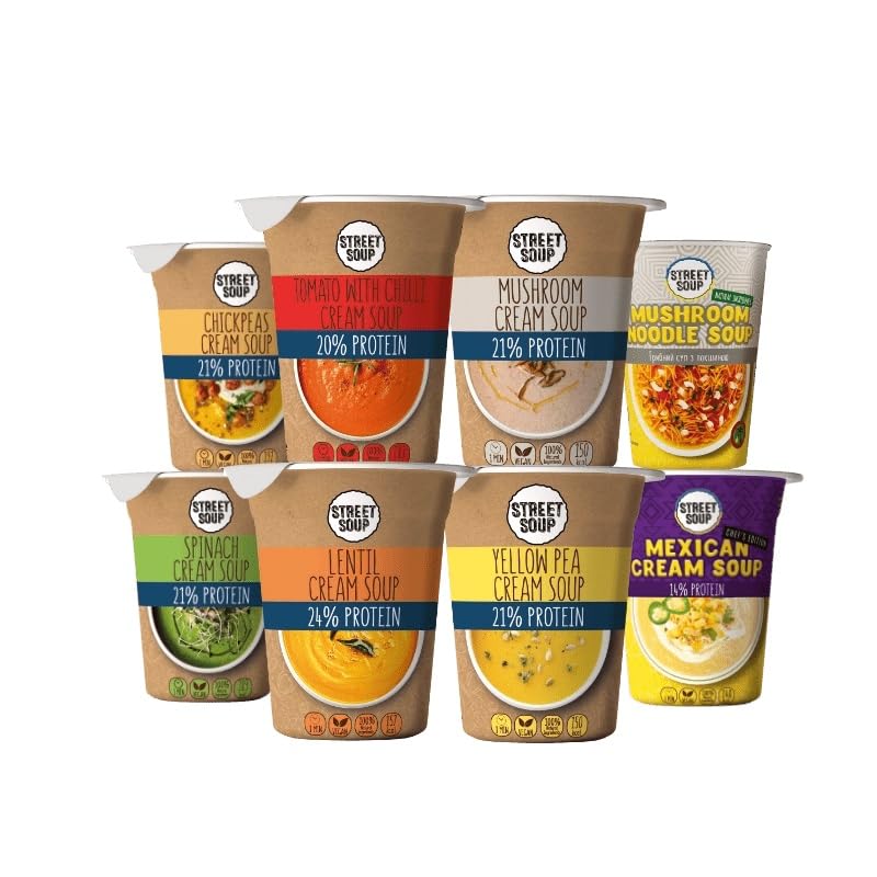 Street Soup Probierset (8 Sorten) | Vegane Protein Instant Suppe aus 100% natürlichen Zutaten | Low Carb, ohne Geschmacksverstärker | Für alle, die echten Geschmack lieben | 8 x 50g